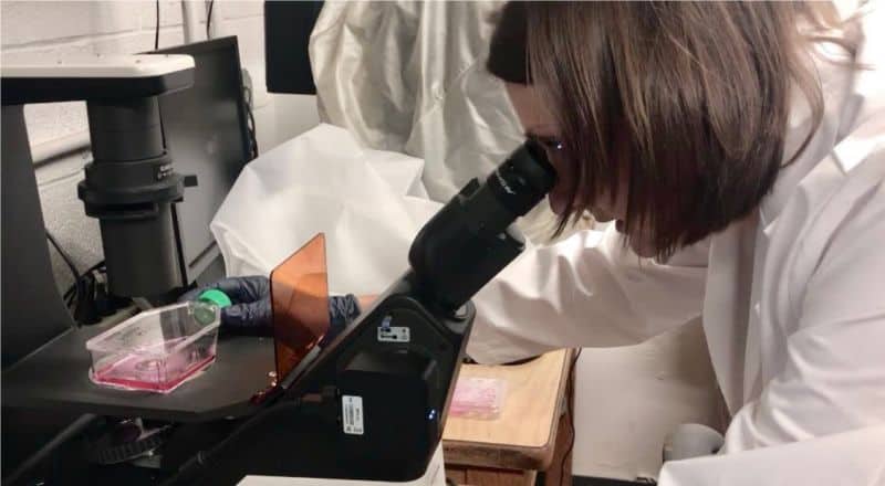 a woman scientist looking at through a microscope