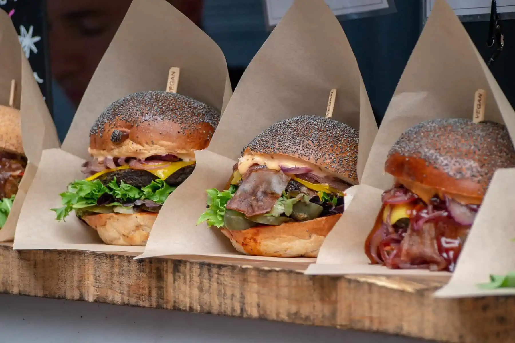 Vegan Burger Display at a Take Away stall in London's Borough Market UK
