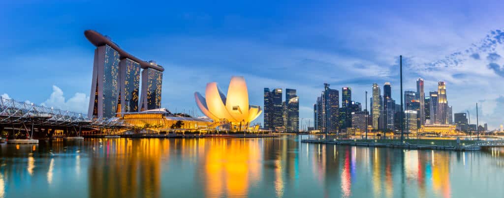 Singapore Skyline and view of Marina Bay at Dusk