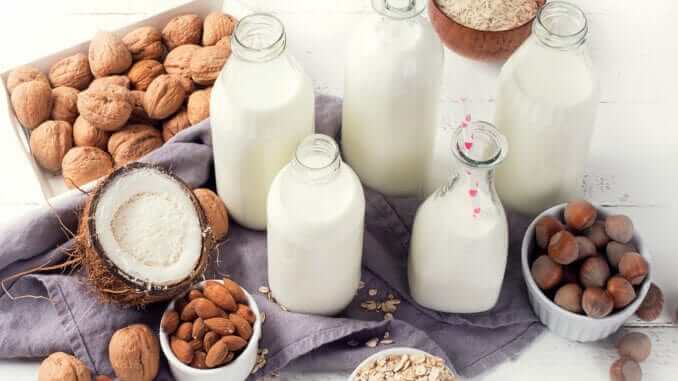 Alternative types of milks in glass bottles. Vegan non dairy milk