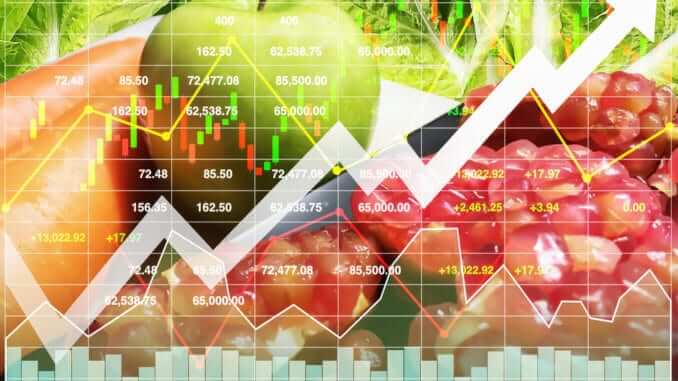Stock financial index of successful investment on healthy food such as freshness fruit and vegetable with graph and chart growth up background. Stock financial index of successful investment on healthy food such as freshness fruit and vegetable with graph and chart growth up background.