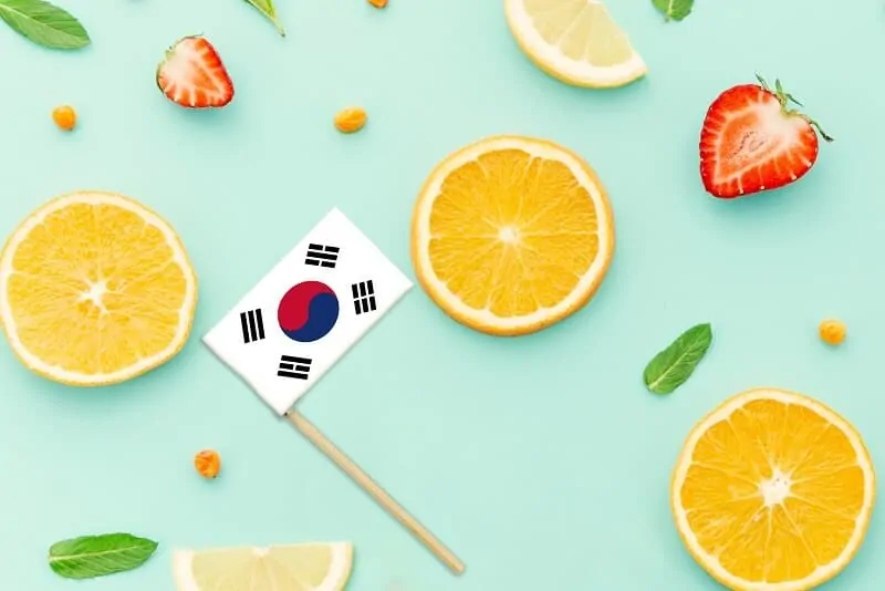 South Korea Paper Stick Flag. National summer fruits concept, local food market. Vegetarian theme.
