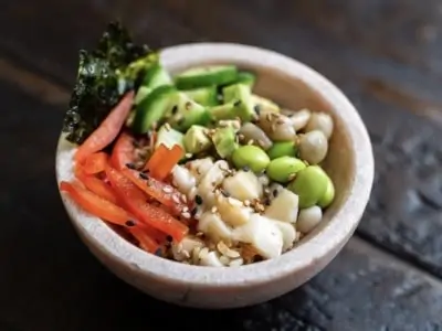 BlueNalu's whole-muscle, cell-cultured yellowtail prepared in a poke bowl