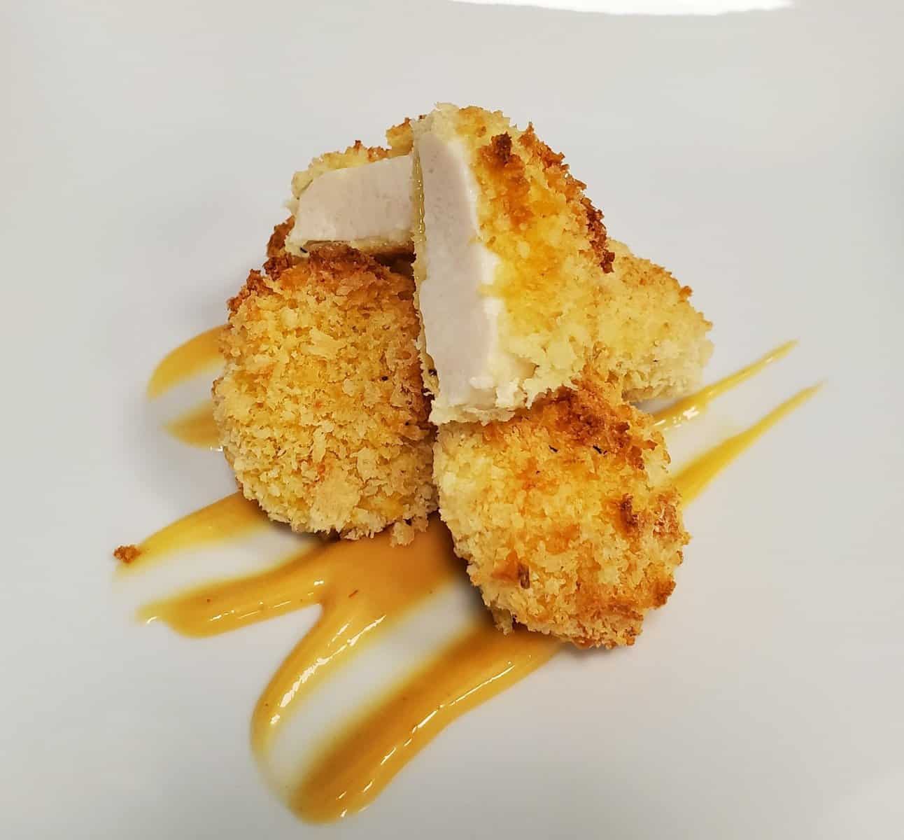 Hybrid cultivated chicken nugget made with Matrix F.T.'s edible and animal component-free microcarriers.