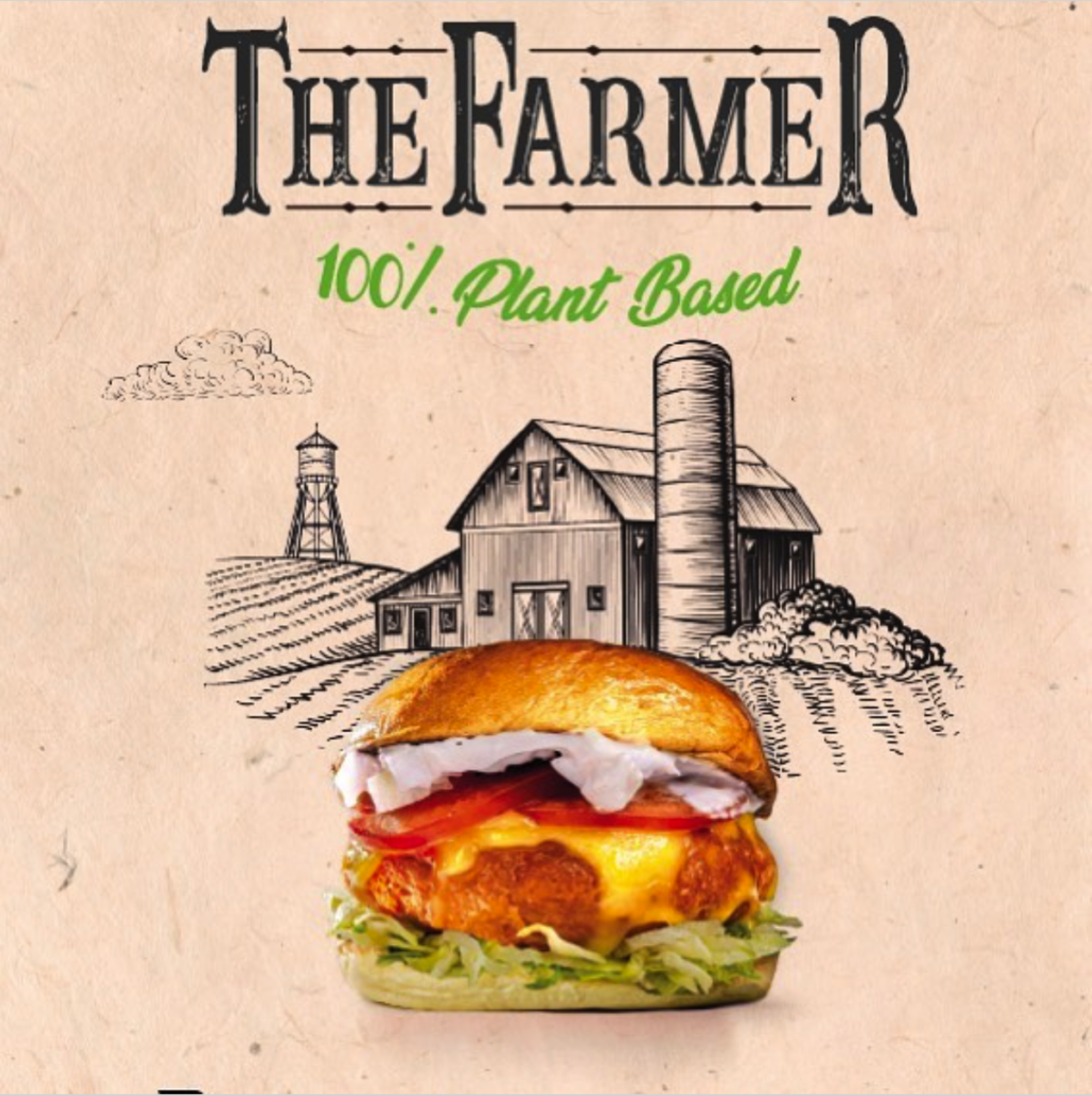 harvedals & bun meat bun social media campaign called the farmer showing a plant based burger with a farm on the background