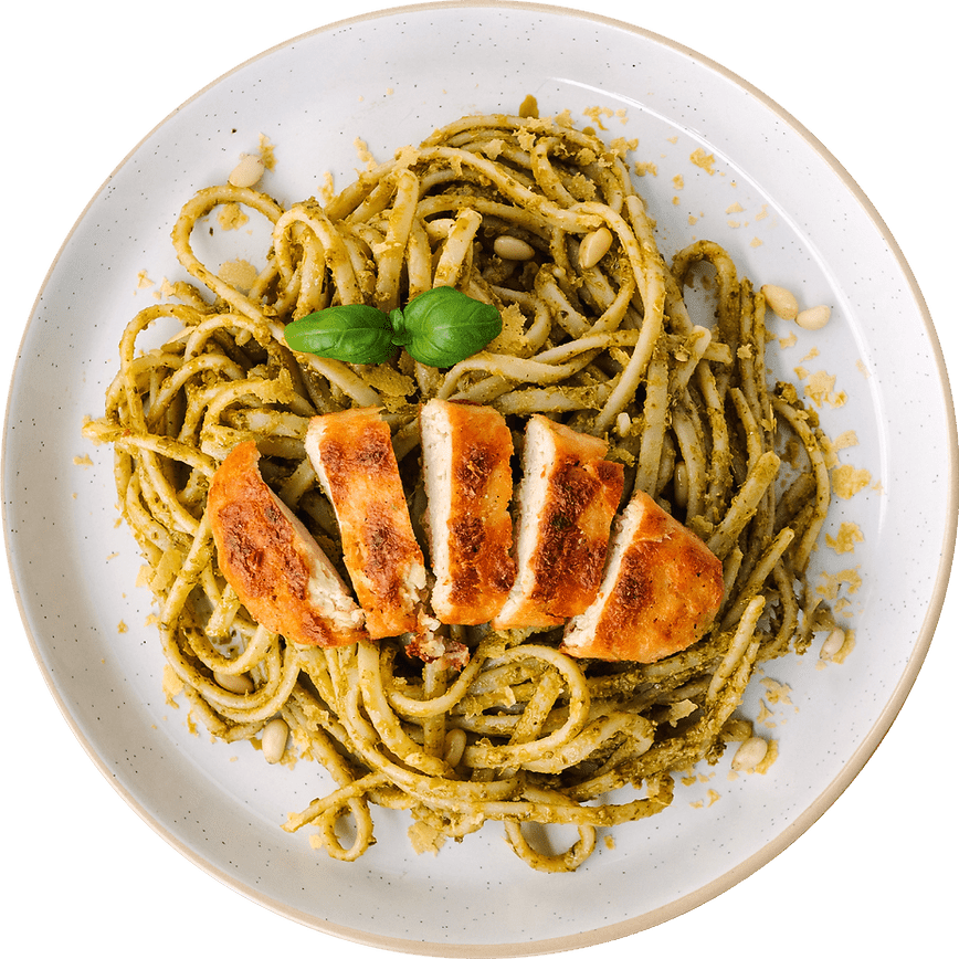 mycoprotein chicken plate served with spaghettis