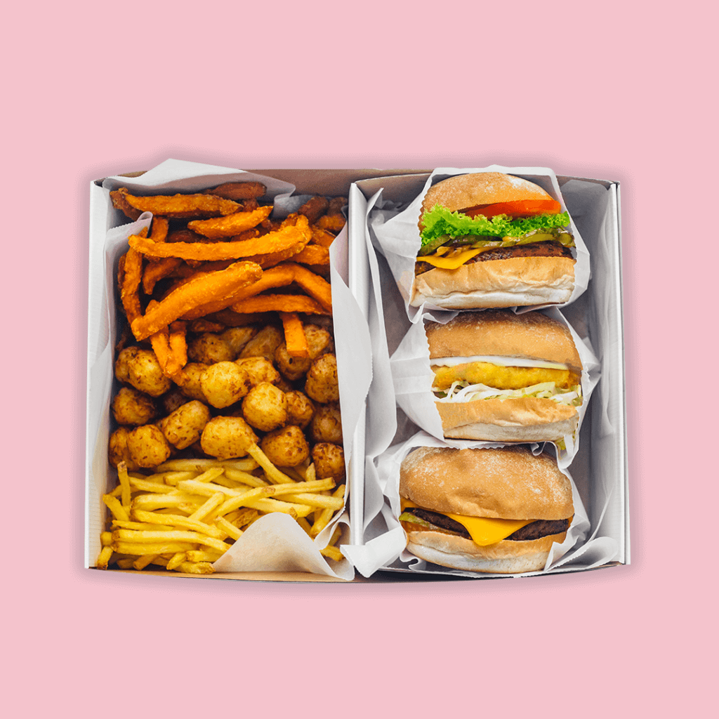 'The Neat', 'The Cheese' and 'The Chick'n' & skinny fries, sweet potato fries and tater tots