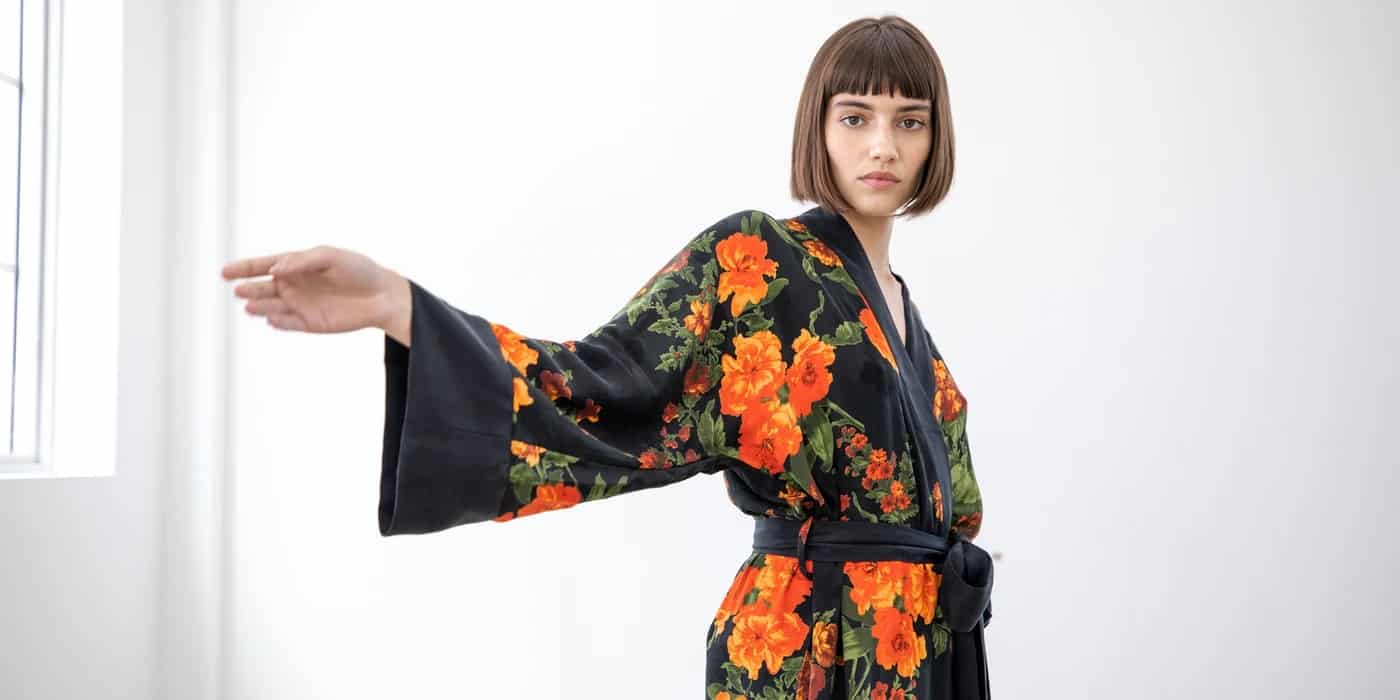 black with red flowers vegan silk niluu kimono