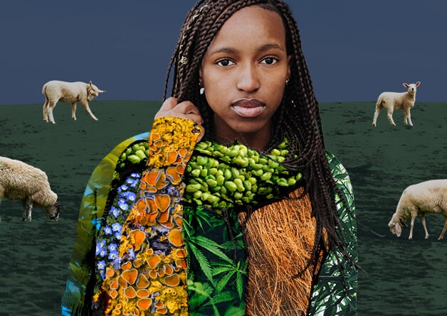 peta campaign for vegan wool featuring a woman dressed with plants