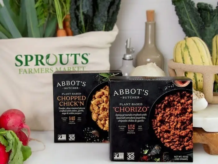 Abbot's Butcher plant-based Ground "Beef" and Chopped Chick'n available at Sprouts Farmers Market.